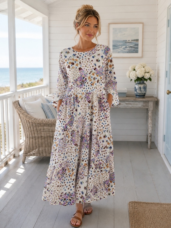 Dresses & Skirts - VII Floral Boho Midi Dress | Cottagecore Prairie Tiered Bell Sleeve Women's